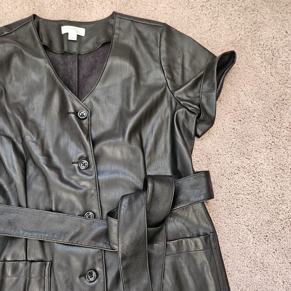 Morgan Taylor Women Black Short Sleeve Faux Leather Knee Length Shirt Dress Sz L